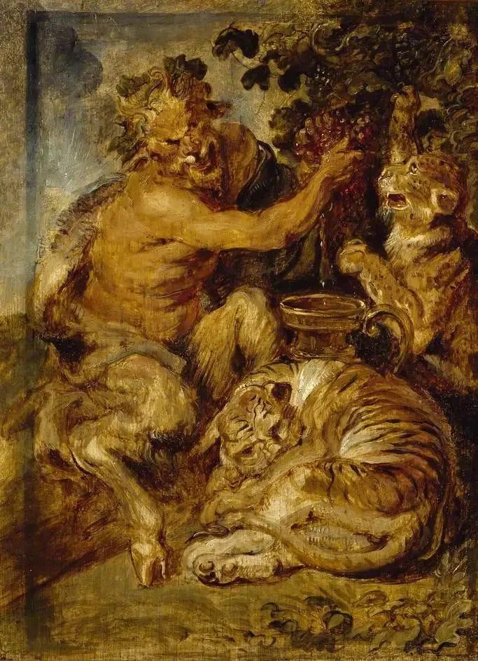 Un satyre pressant des raisins avec un tigre et un léopard - Peter Paul Rubens image 1 reproduction d’œuvre d’art à l’huile