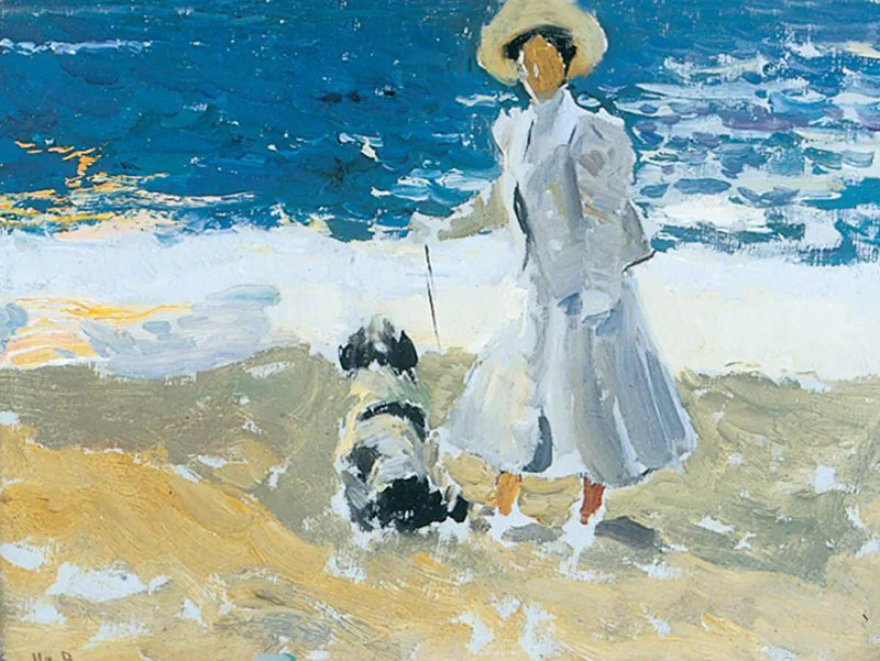 ビーチの女性と犬 - ホアキン・ソローリャ