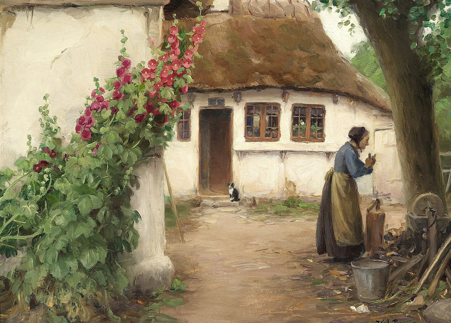 赤いヒマワリの花と農場の女性 - H. A. Brendekilde

Source:
Une femme dans une ferme avec des roses trémières rouges. - H. A. Brendekilde
