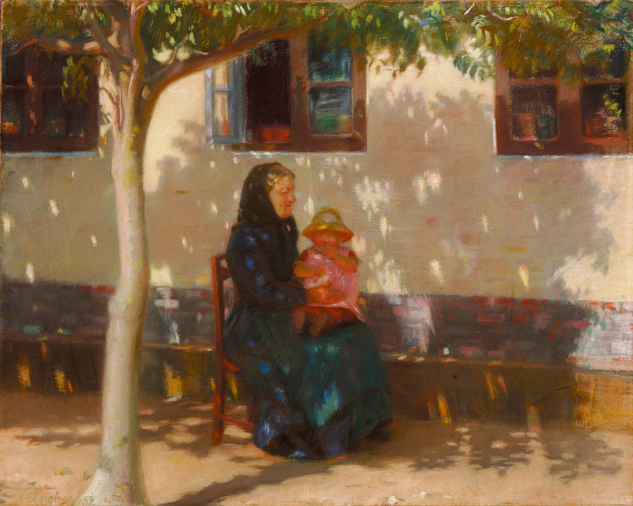 Une femme de Skagen assise avec le bébé Helga Ancher devant une maison blanche. - Anna Ancher