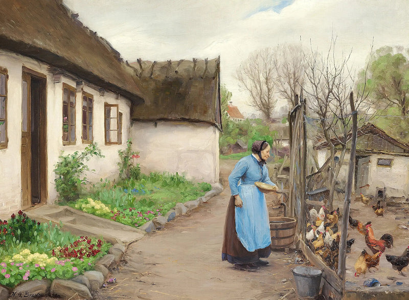 秋の日に白く石灰岩の農場の前で鶏に餌をやる女性 - H. A. Brendekilde

Source:
Une femme nourrissant des poules devant une ferme blanche et calcaire un jour d'automne. - H. A. Brendekilde