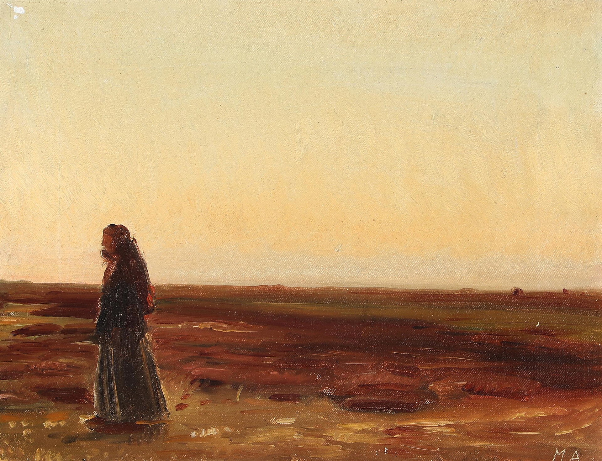 Une femme rentrant chez elle dans la lande au coucher du soleil. - Michael Peter Ancher image 1 copie de tableau peinte à la main