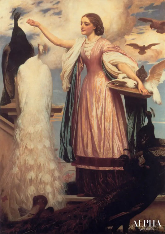 Une fille nourrissant des paons - Frederic Leighton - Reproductions de tableaux et peintures haut de gamme