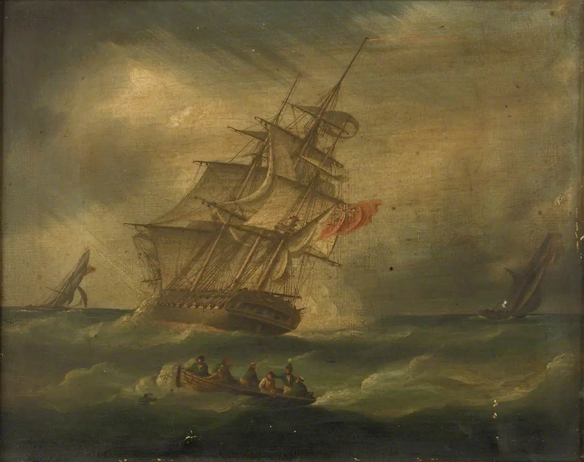 Une frégate et un cotre naval poursuivant un cotre français, avec un bateau récupérant un homme à la mer - James E. Buttersworth image 1 reproduction artisanale de tableau
