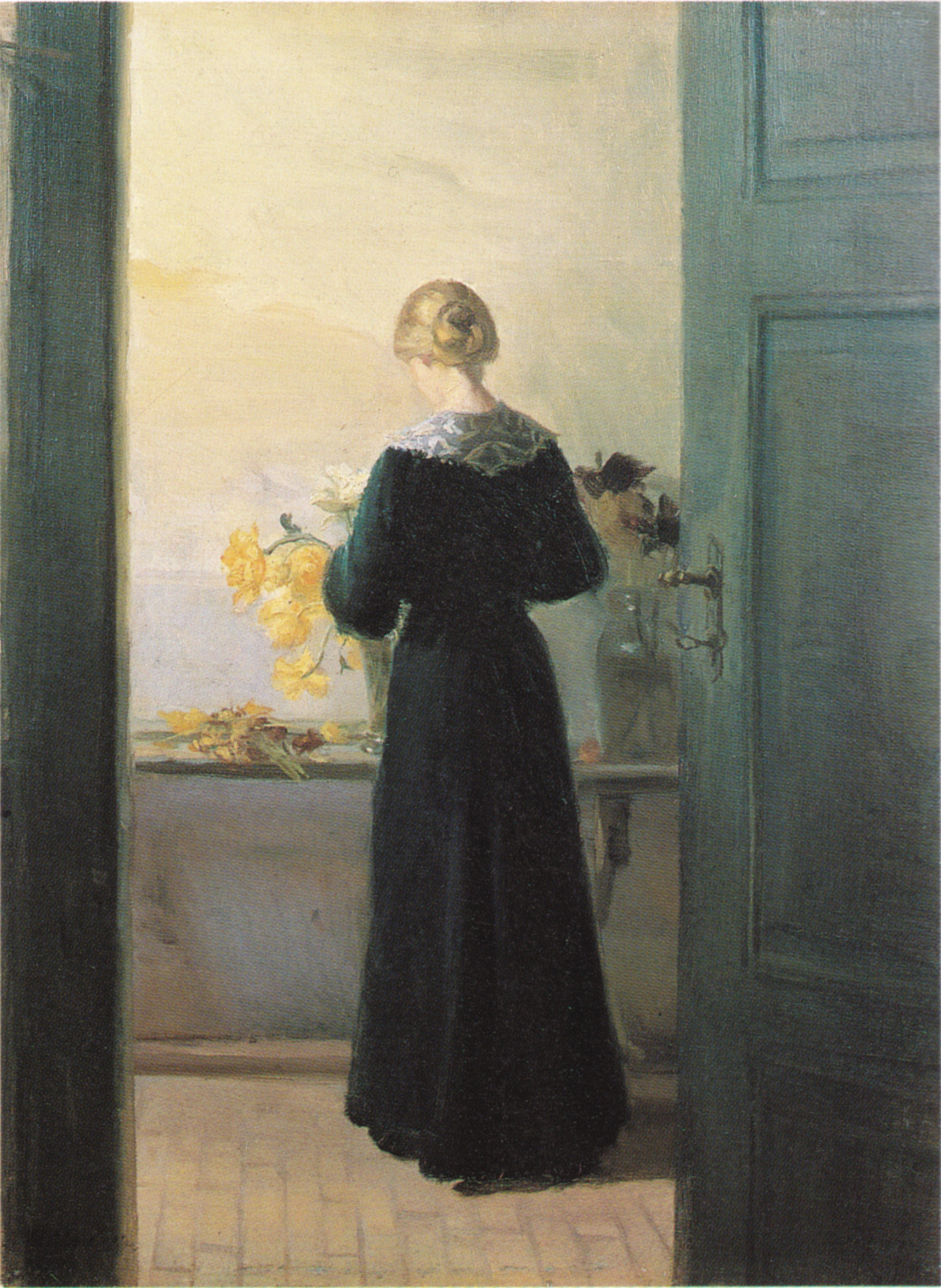 Une jeune femme arrange des fleurs - Anna Ancher image 1 reproduction de peinture à l’huile