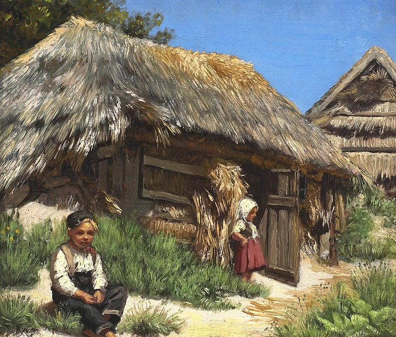 茅葺き屋根の家。青くて暖かい夏の空の下での一日。二人の子供と一緒に過ごす。 - ペダー・セヴェリン・クローイヤ