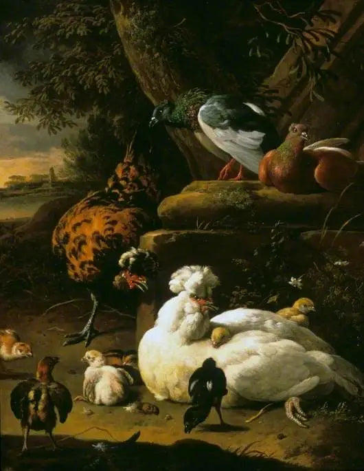 鶏とヒナ、雄鶏、そしてハトが風景の中にいる絵画 - メルキオール・ド・ホンデコーター