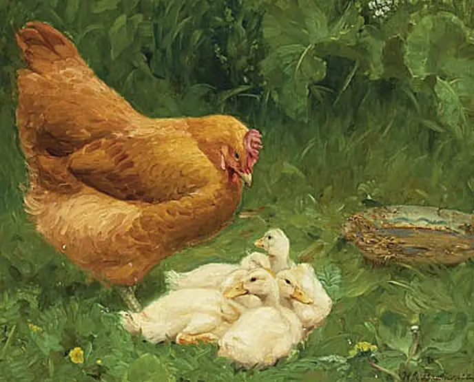 鶏といくつかの子ガモ。 - H. A. Brendekilde

Source:
Une poule et quelques canetons. - H. A. Brendekilde