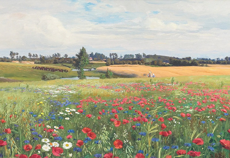 ヒマワリとコスモス、ブルーベリーを伴う花畑 - H. A. Brendekilde

Source:
Une prairie en fleurs, avec des coquelicots, des leucanthèmes et des bleuets. - H. A. Brendekilde