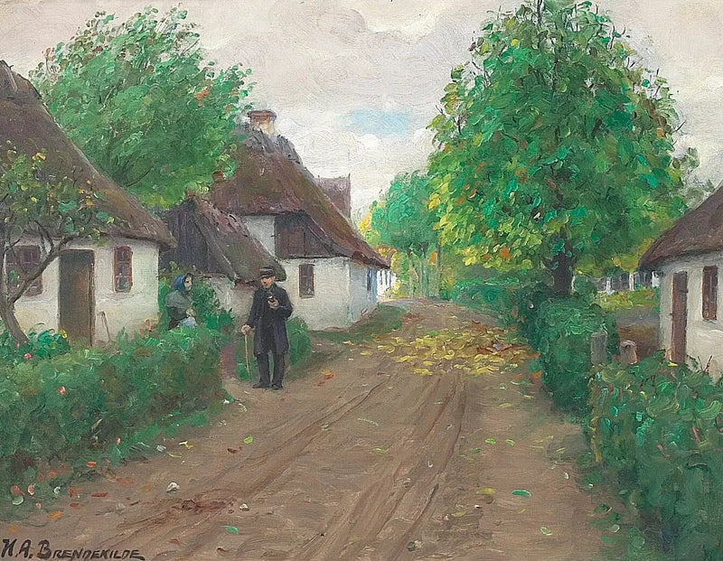 村の道と二人の人が話している。 - H. A. Brendekilde

Source:
Une route de village avec deux personnes qui discutent. - H. A. Brendekilde