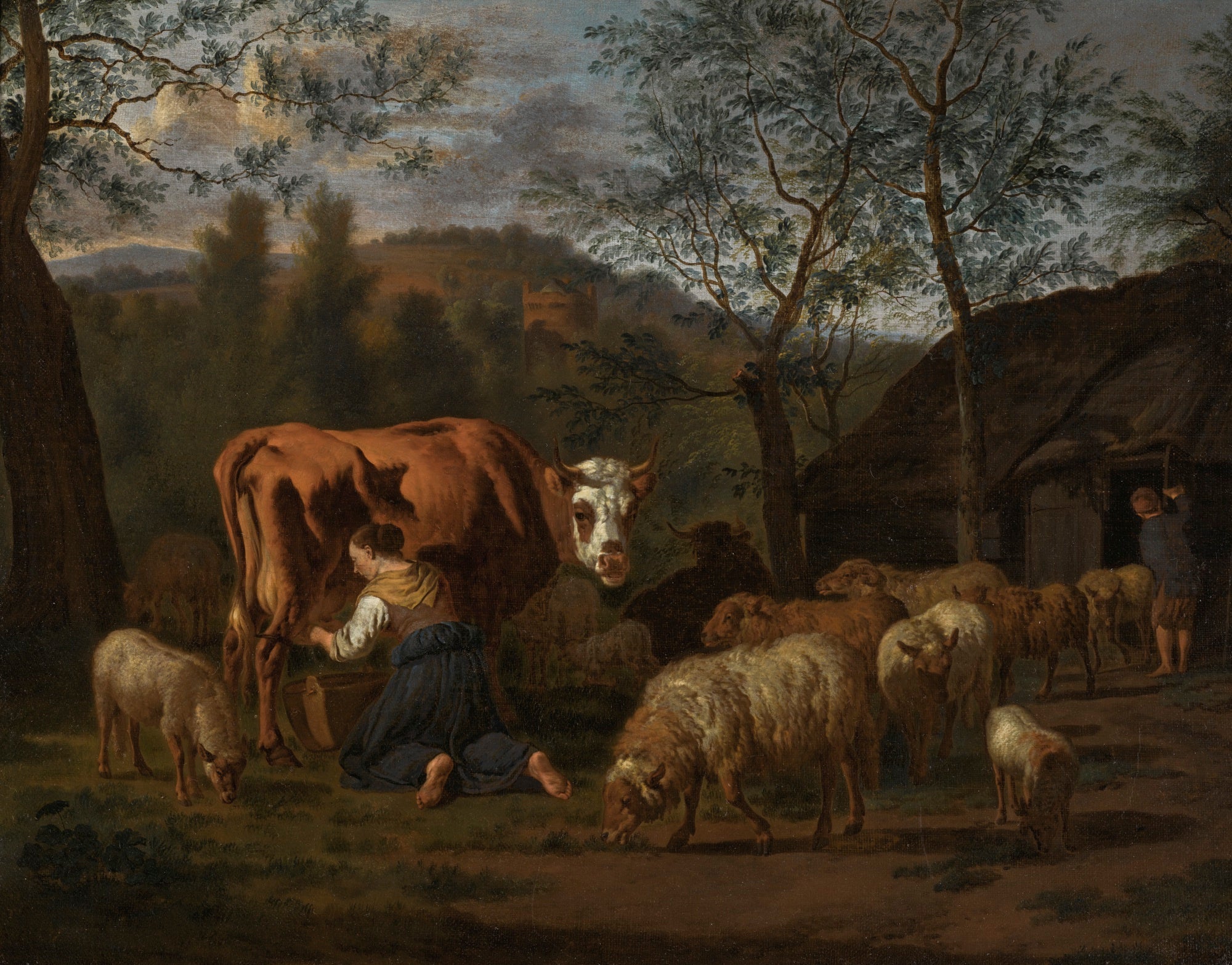 Une servante trait une vache, entourée de moutons - Adriaen van de Velde image 1 reproduction artisanale de tableau