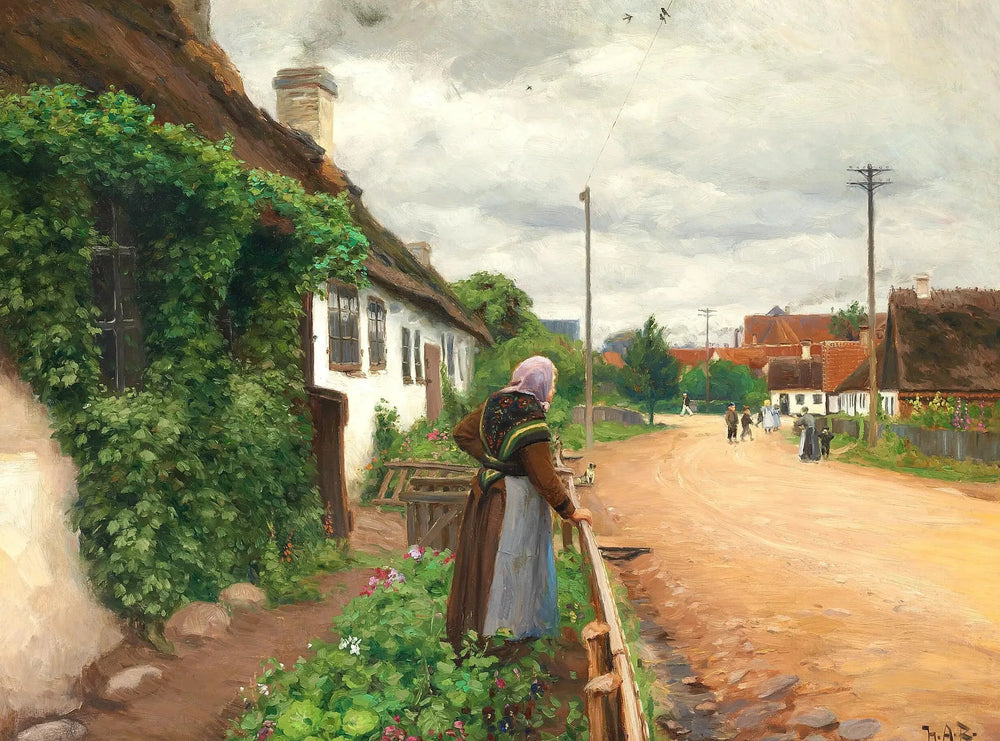 Une vieille femme regarde les enfants du village pendant qu'ils jouent. - H. A. Brendekilde image 1 reproduction de peinture à l’huile