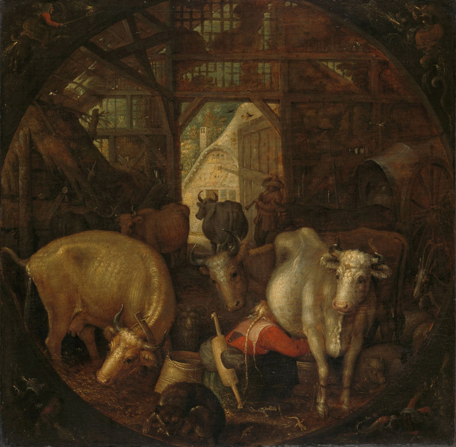 Vaches dans une étable ; sorcières aux quatre coins - Roelant Savery