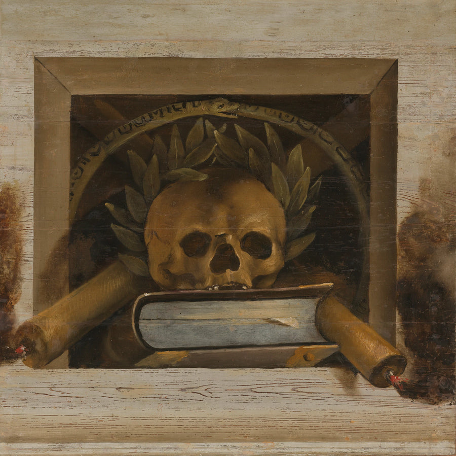 Vanité nature morte avec un crâne avec une couronne de laurier et deux bougies allumées - Jacob van Campen