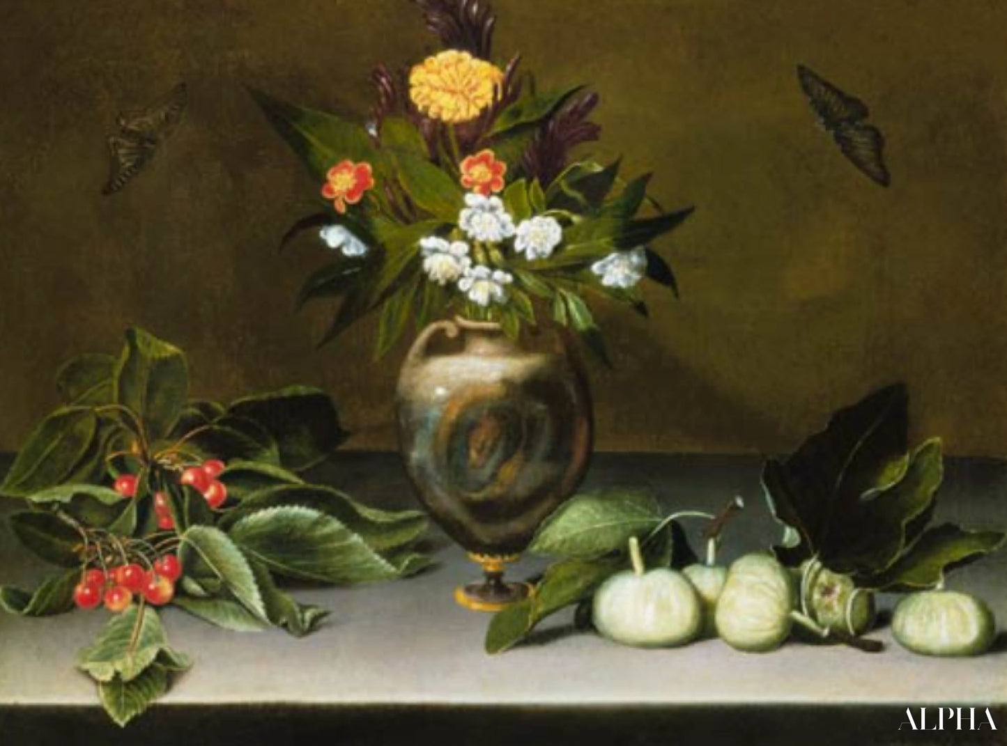 花瓶に花、さくらんぼ、イチジクと二匹の蝶 - カラヴァッジョ - 高級絵画および絵画の複製