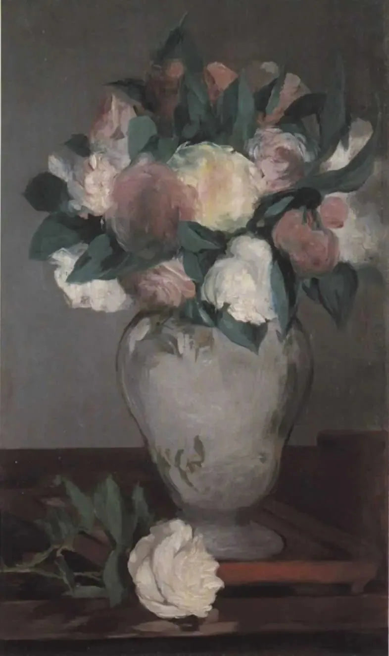 漆塗りのトレイの上のボタンの花 - エドゥアール・マネ