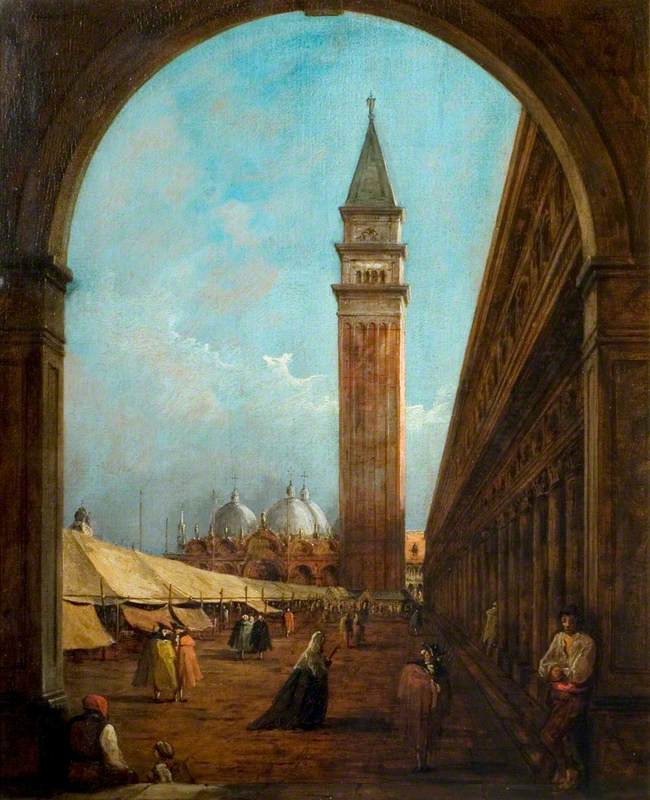 Venise : une foire sur la place Saint-Marc vue à travers une arche à l'extrémité sud-ouest - Francesco Guardi image 1 copie peinte à la main à l’huile