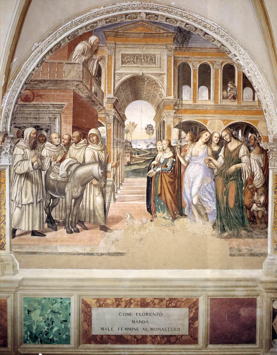 Vie de saint Benoît, scène 19 : Benoît renvoie les prostituées - Il Sodoma (Giovanni Antonio Bazzi) image 1 reproduction artisanale de tableau