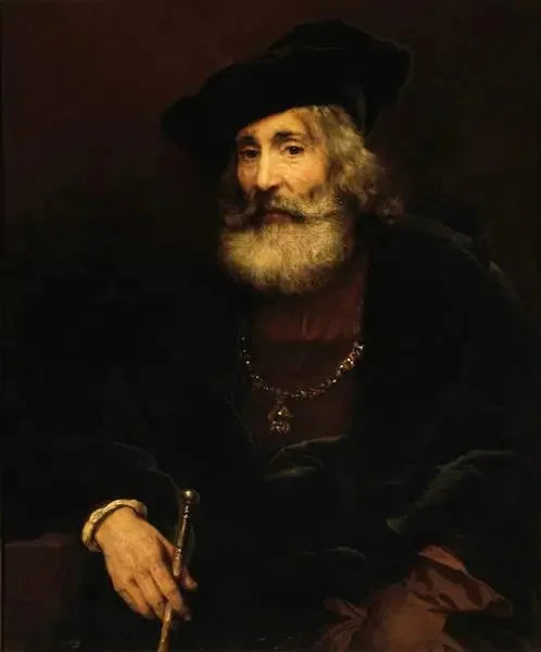 Vieil homme assis avec une canne dans un costume fantaisiste - Rembrandt image 1 tableau peint à l’huile sur toile