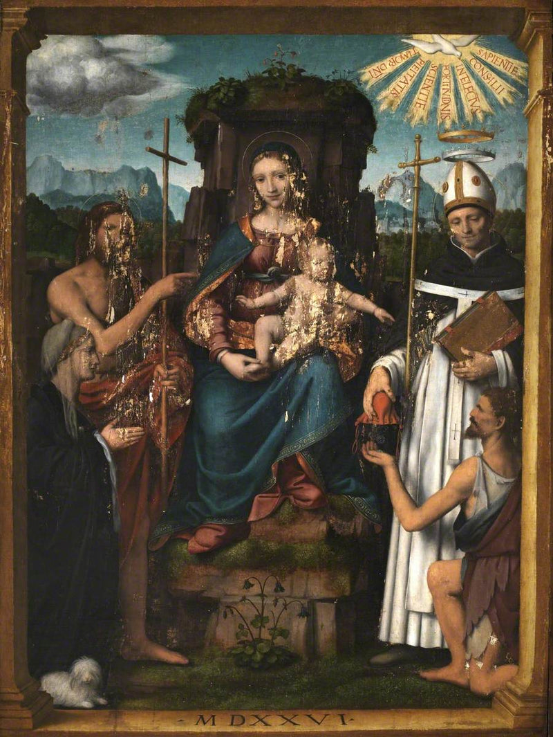 聖ヨハネ Baptist、聖アントニン、寄付者、乞食とともに座る幼子イエスの聖母像 - ベルナルディーノ・ルイニ
