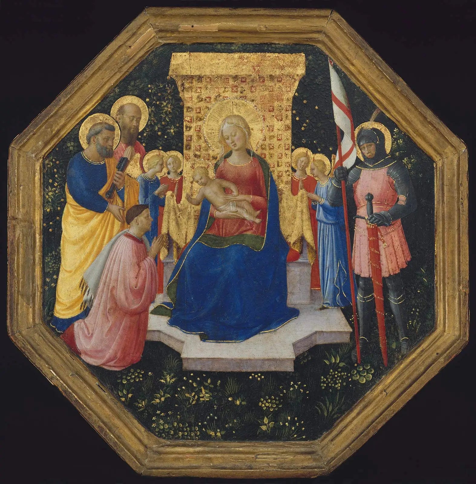 Vierge à l’Enfant en trône avec les saints Pierre Paul et Georges (?) quatre anges et un donateur - Fra Angelico