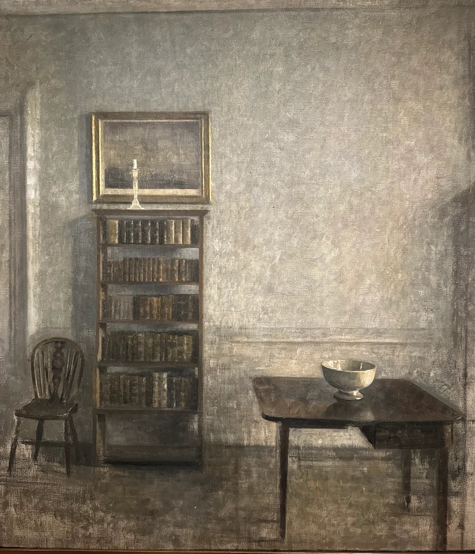 Intérieur avec table, bibliothèque et chaise Windsor, Strandgade 25, peinture de Vilhelm Hammershøi