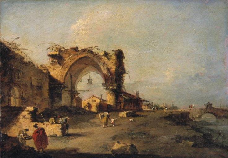 廃墟のゴシック様式の門と橋のある小さな町の眺め - フランチェスコ・ガルディ