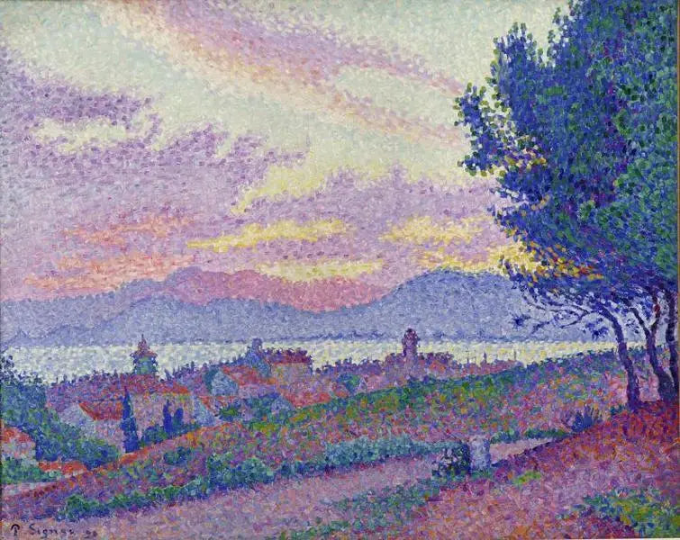 サントロペの眺め、松林の夕日 - ポール・シニャック