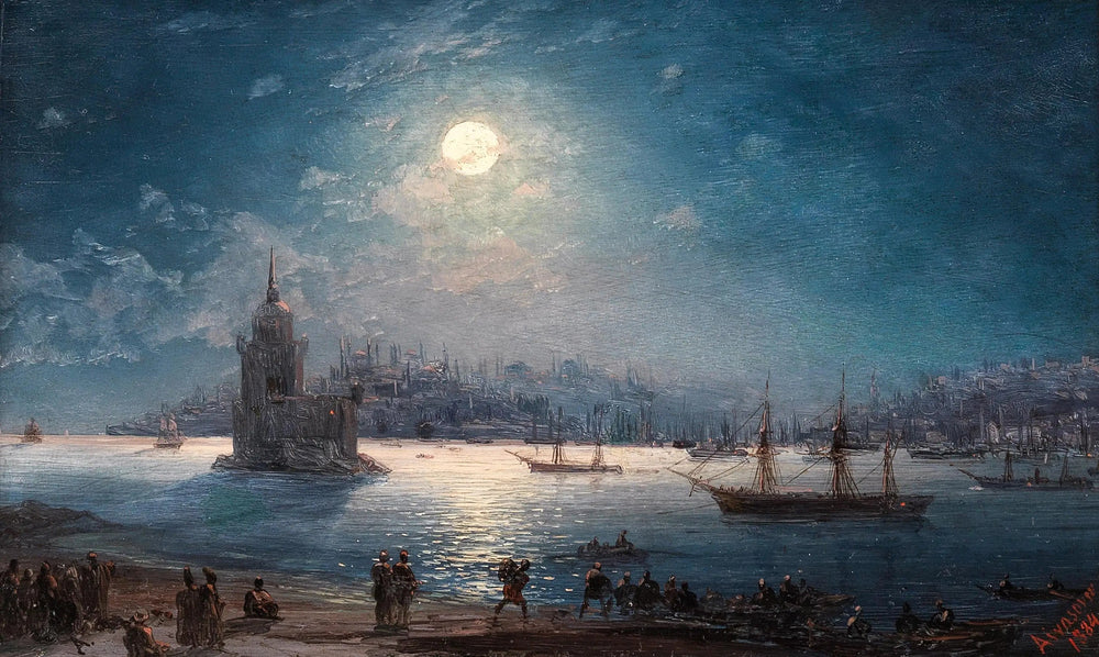 Vue du Bosphore avec Sainte-Sophie et la tour de la Vierge au clair de lune - Ivan Aïvazovski image 1 copie peinte à la main à l’huile