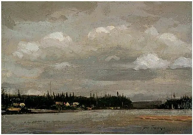 湖の眺め：家のある海岸線 - トム・トムソン

Source:
Vue sur un lac : rivage avec maisons - Tom Thomson