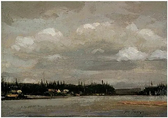 湖の眺め：家のある海岸線 - トム・トムソン

Source:
Vue sur un lac : rivage avec maisons - Tom Thomson