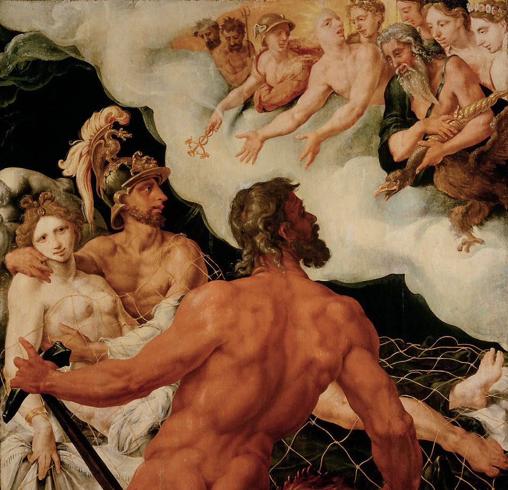 Vulcain montre aux dieux Mars et Vénus, capturées. - Maarten van Heemskerck image 1 copie peinte à la main à l’huile