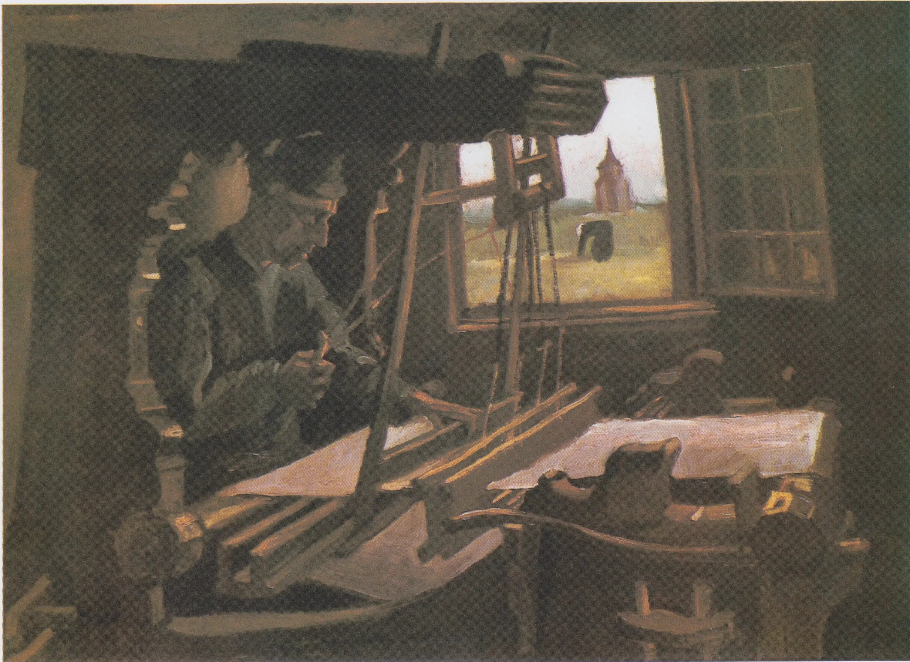 Weber devant une fenêtre ouverte avec vue sur la Tour de Nuenen - Vincent van Gogh image 1 reproduction artisanale de tableau